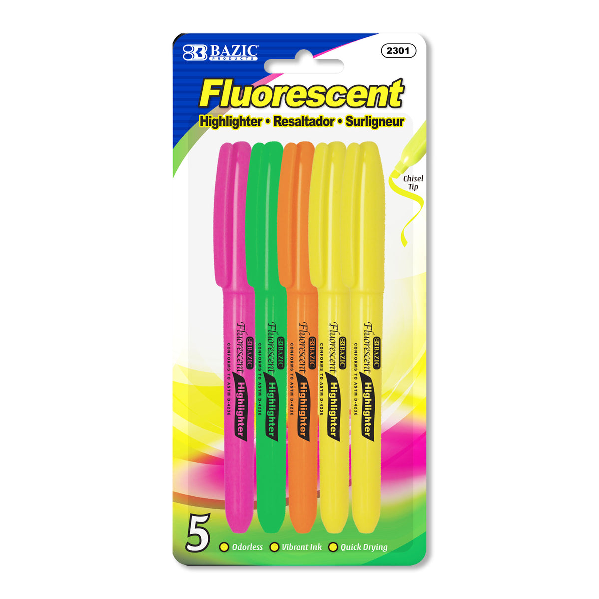 BAZIC Pen Style Highlighters, Assorted, Chisel Tip, Clip, 5 highlighters