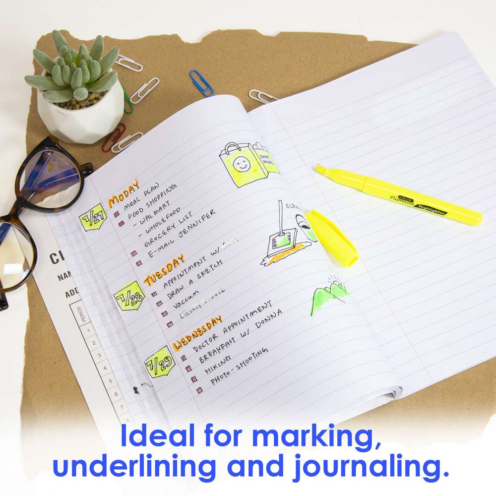 Yellow highlighter with chisel tip beside a colorful journal. Ideal for marking, underlining and journaling.