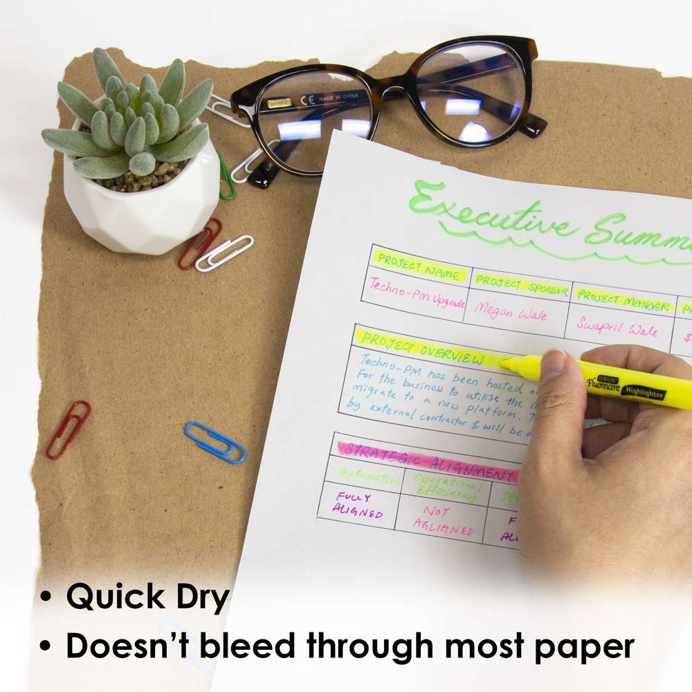 Hand highlighting a document in yellow. Quick dry; doesn’t bleed through most paper.