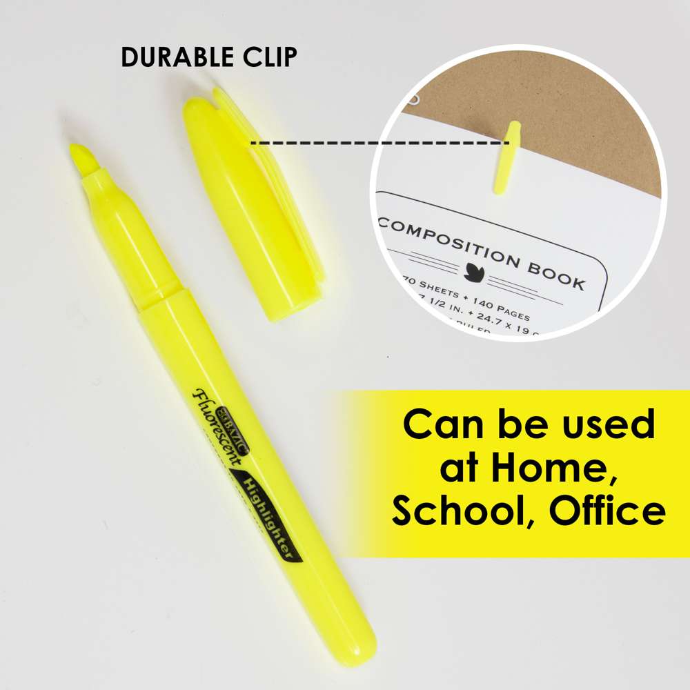 Yellow chisel-tip highlighter with durable clip shown on a notebook; can be used at home, school or office.