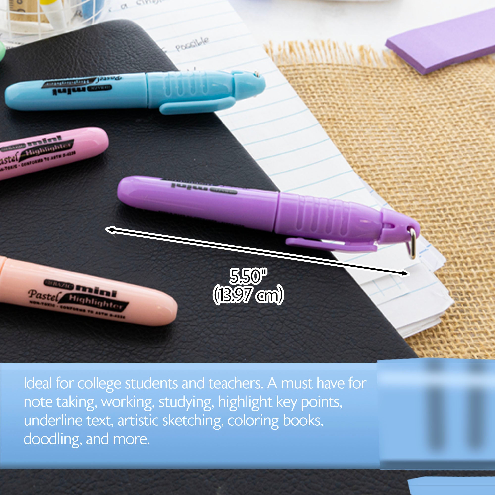 Assorted Pastel Highlighters, Mini, 5-Count, Cap Clip