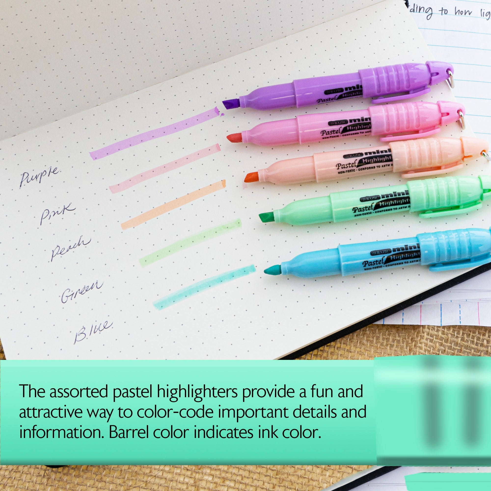 Assorted Pastel Highlighters, Mini, 5-Count, Cap Clip