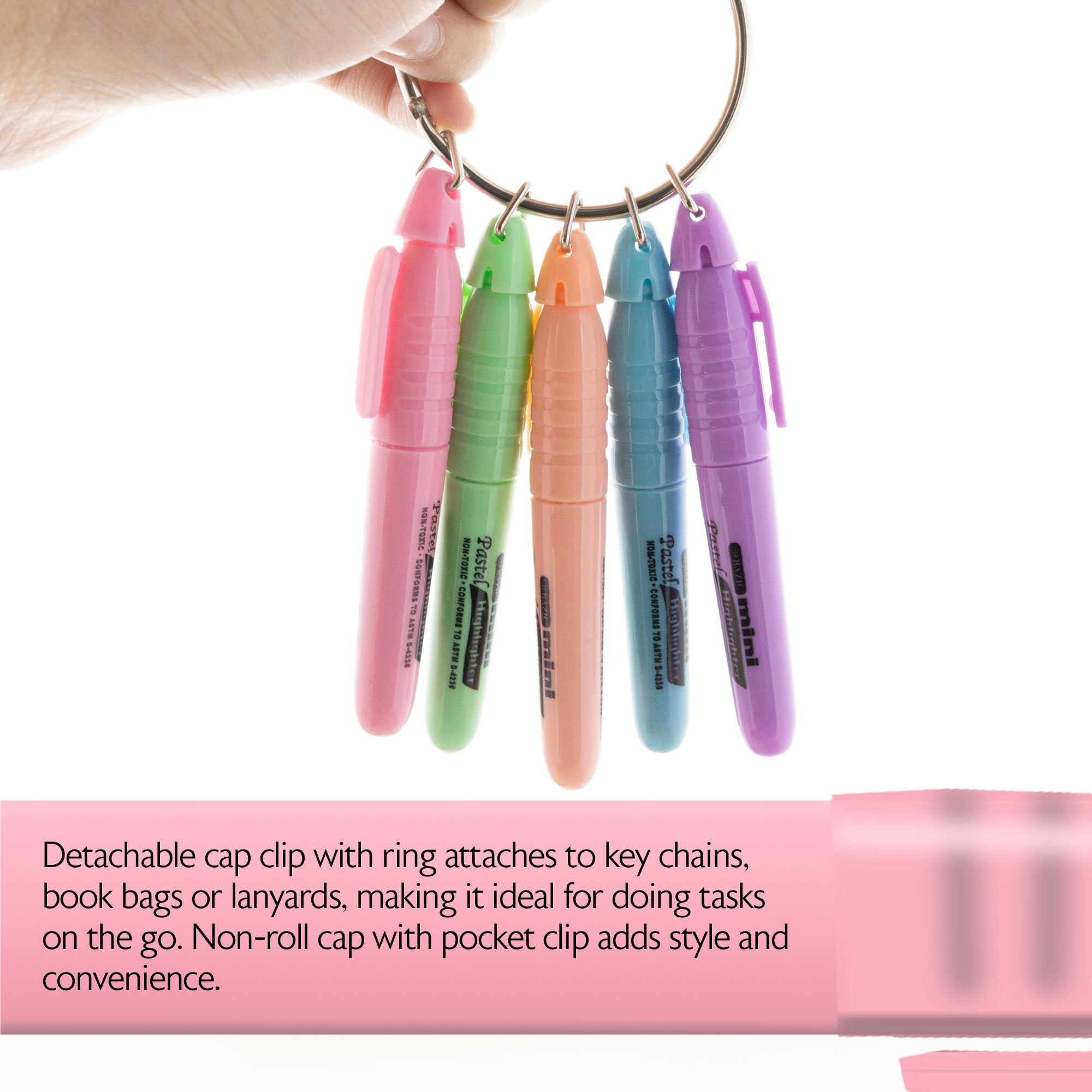 Assorted Pastel Highlighters, Mini, 5-Count, Cap Clip