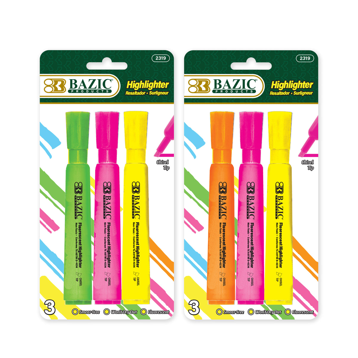 BAZIC Desk Style Highlighters, Assorted, Chisel Tip, 3 highlighters