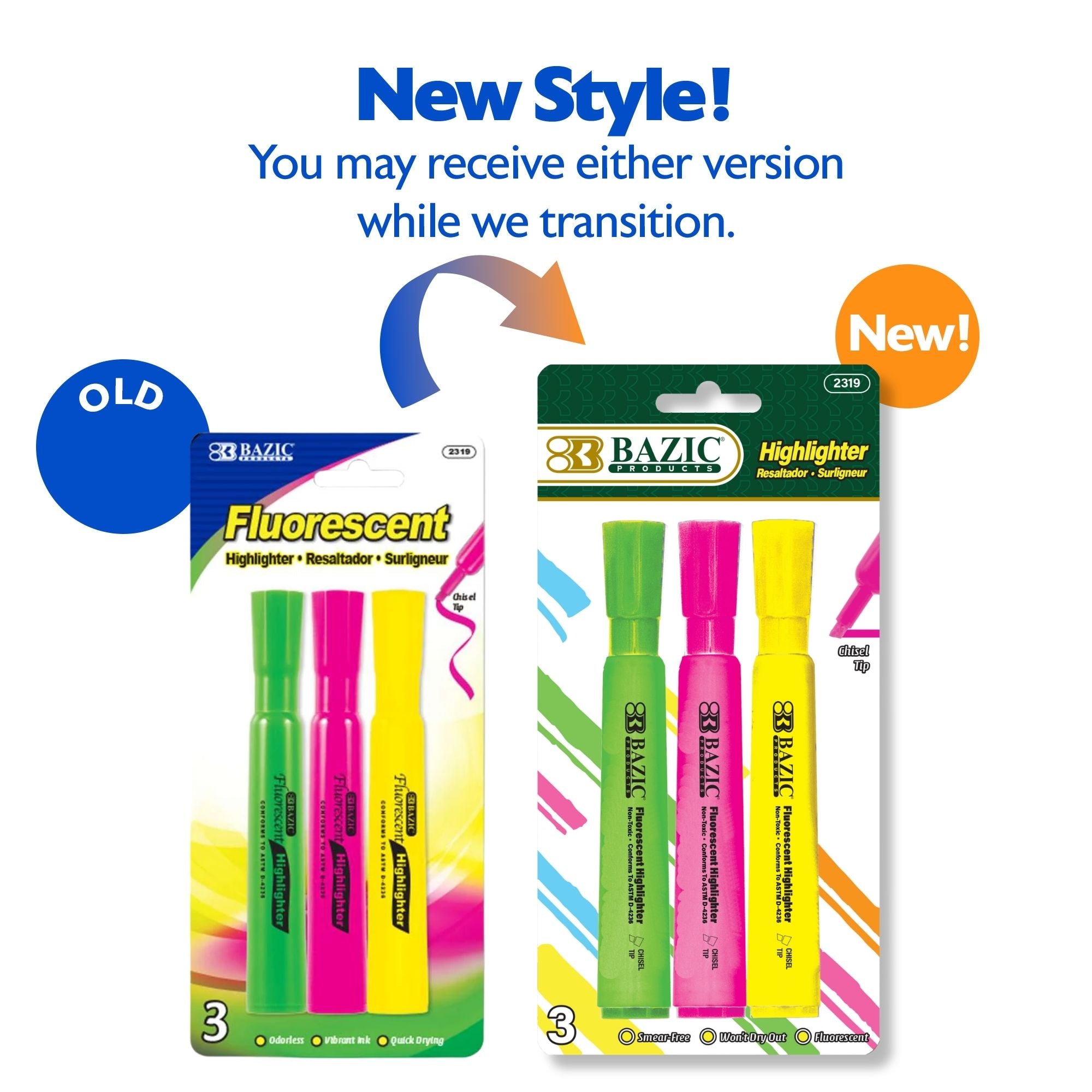 Assorted Fluorescent Highlighters, Desk-Style, 3-Count