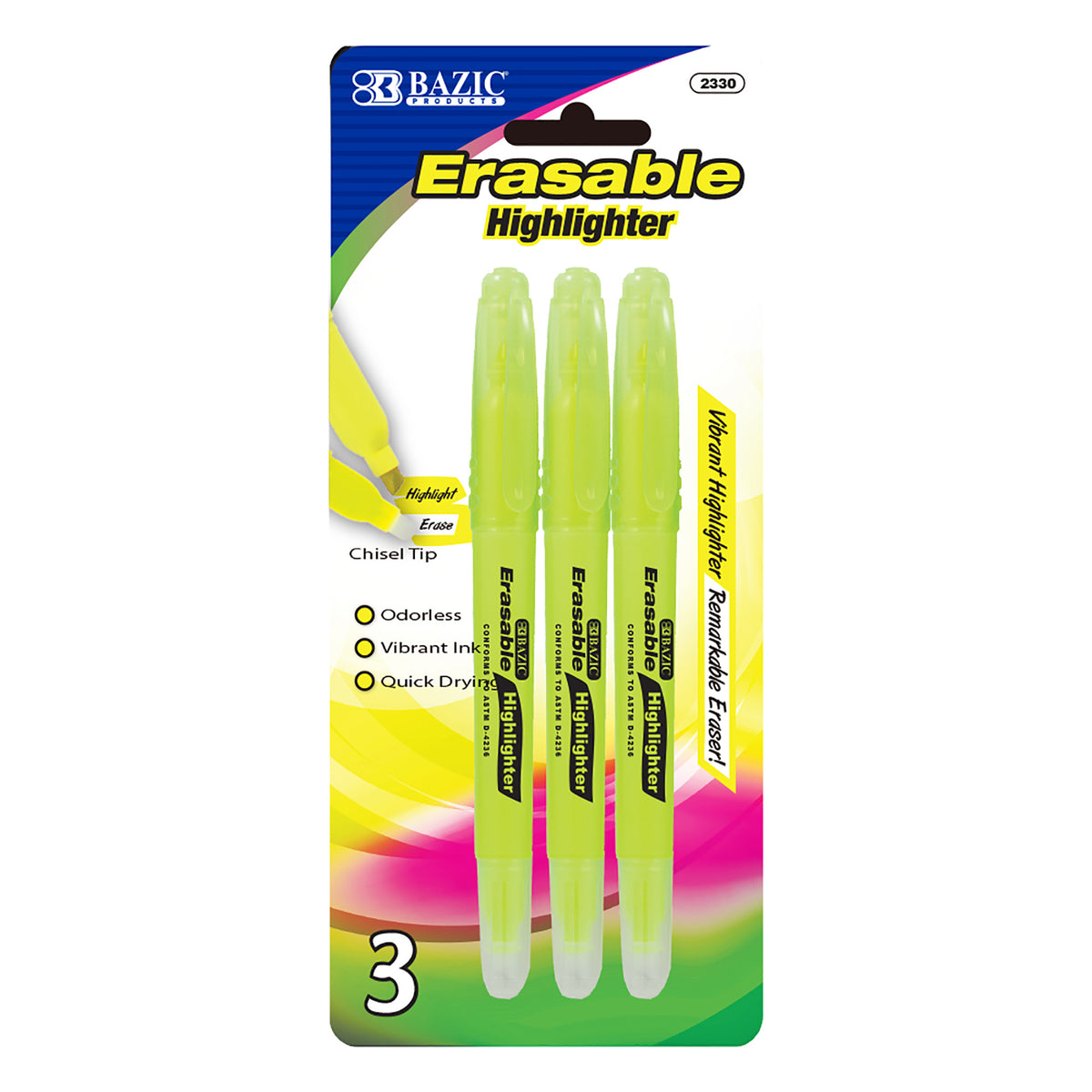 BAZIC Yellow Erasable Highlighters, Eraser Tip, Chisel