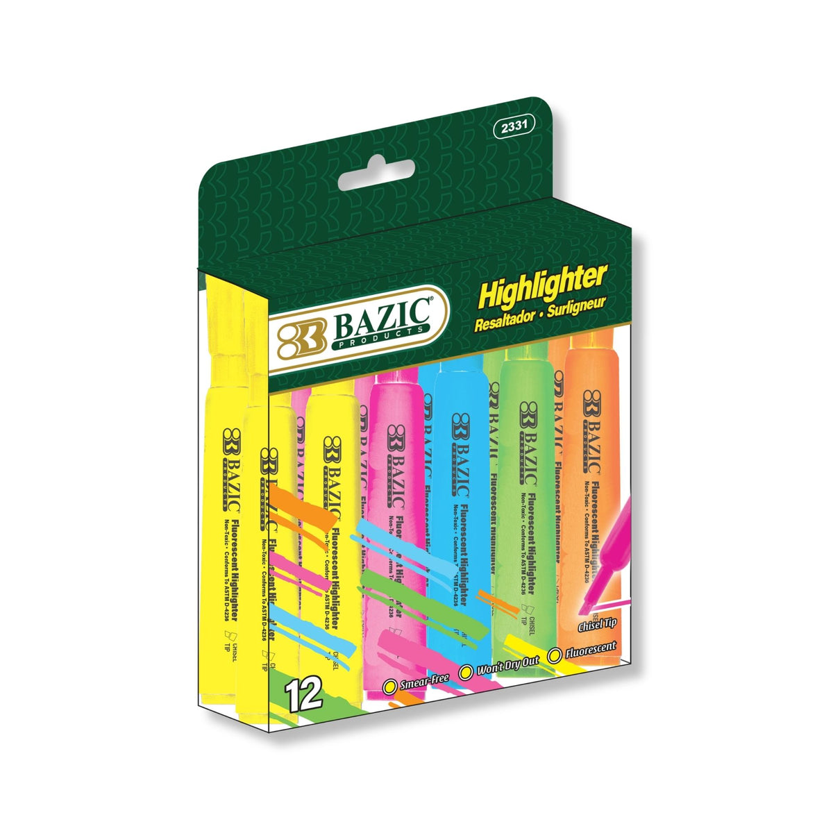 BAZIC Desk Style Highlighters, Assorted, Chisel Tip, 12 highlighters
