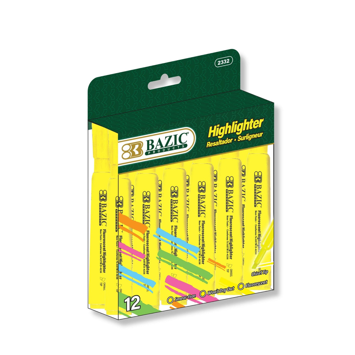 BAZIC Yellow Desk Style Highlighters, Chisel Tip, 12 highlighters