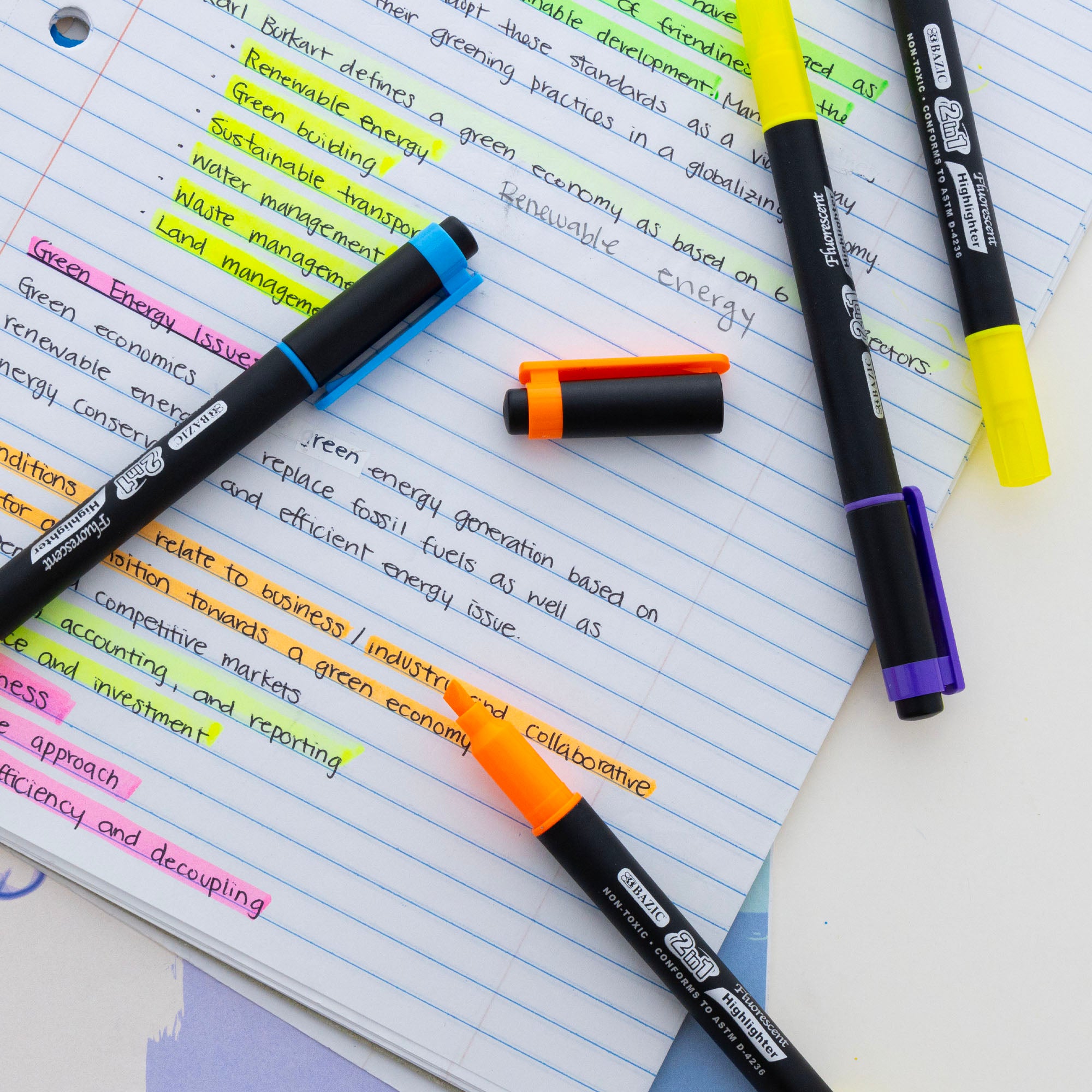 Twin-Tip Fluorescent Highlighters, 5-Pack, Assorted