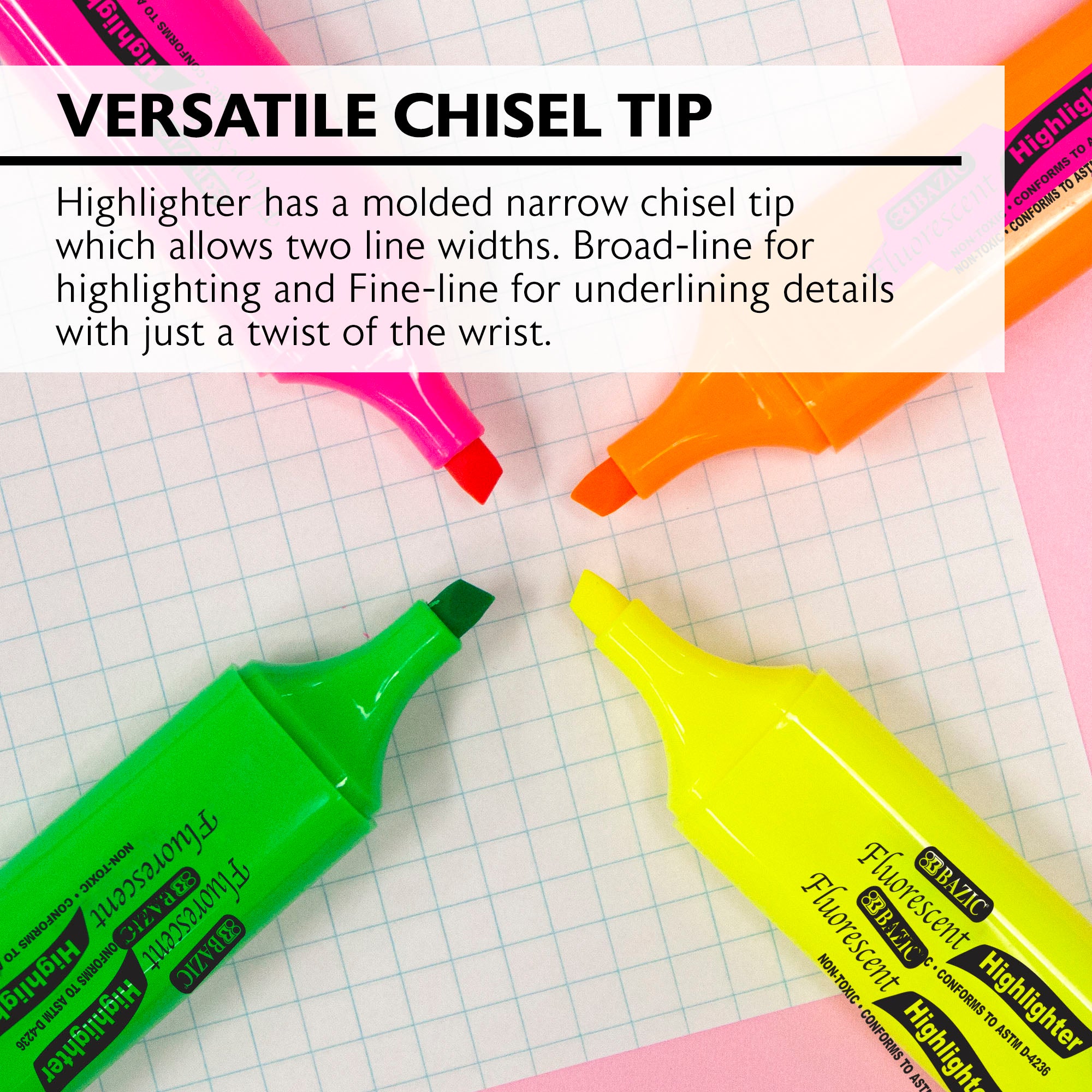 Assorted Fluorescent Highlighters, Short Barrel, 3-Count