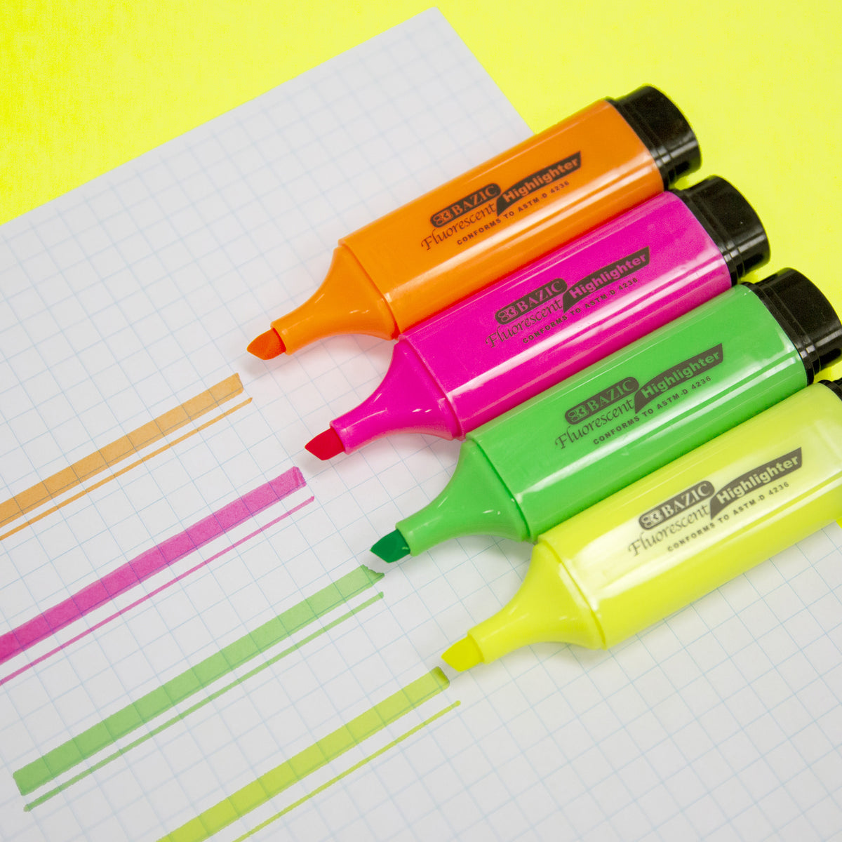 Four uncapped orange, pink, green and yellow highlighters with chisel tips and matching broad and thin lines on graph paper.