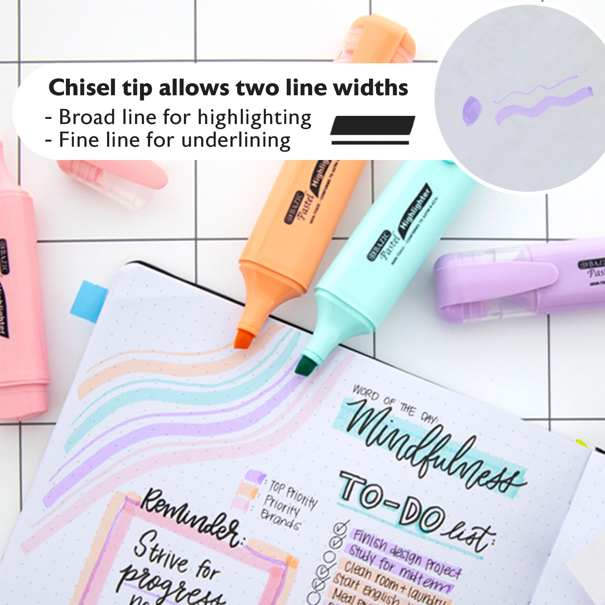 Assorted Pastel Highlighters, Short Barrel, 3-Count
