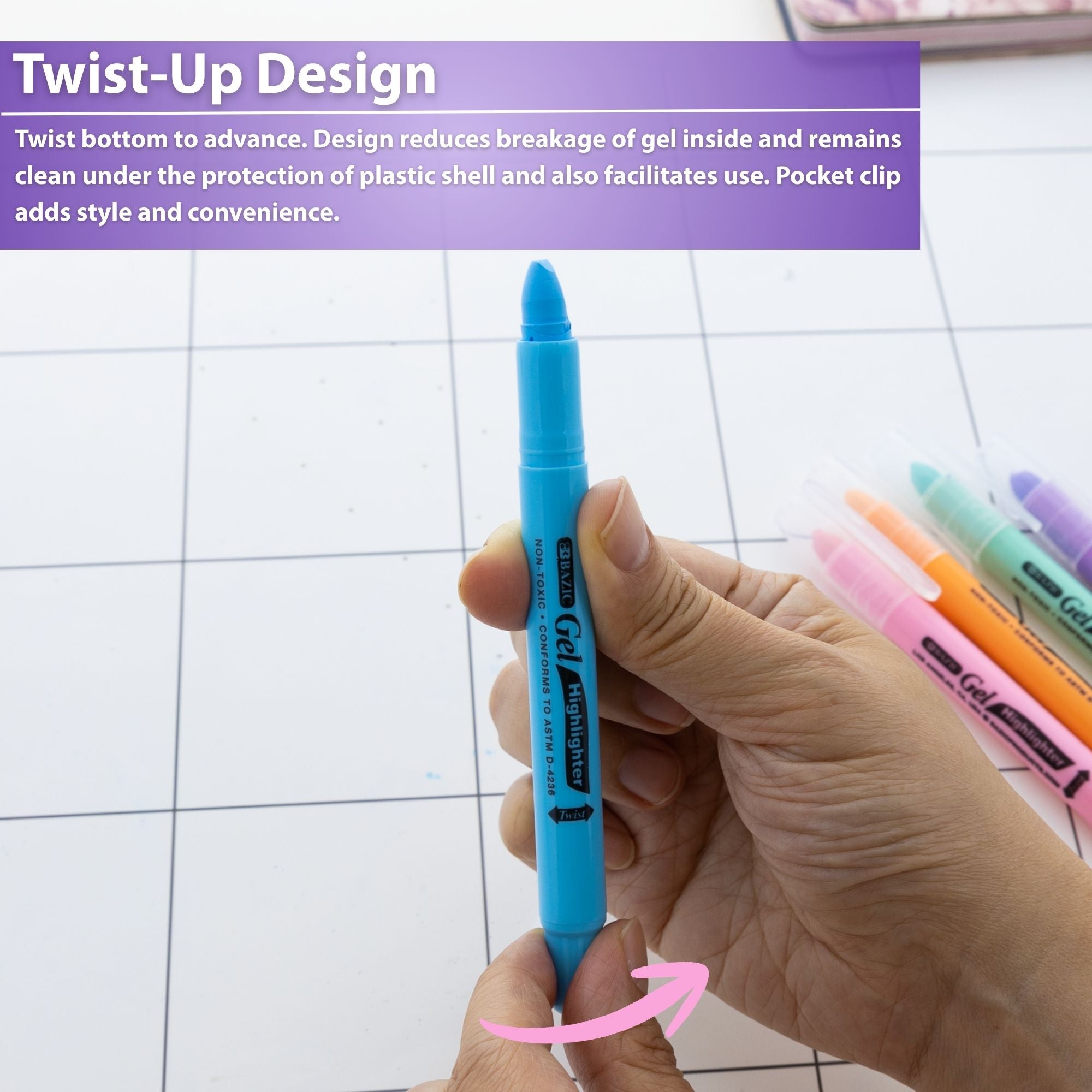 Assorted Pastel Gel Highlighters, Twist-Up, 5-Count