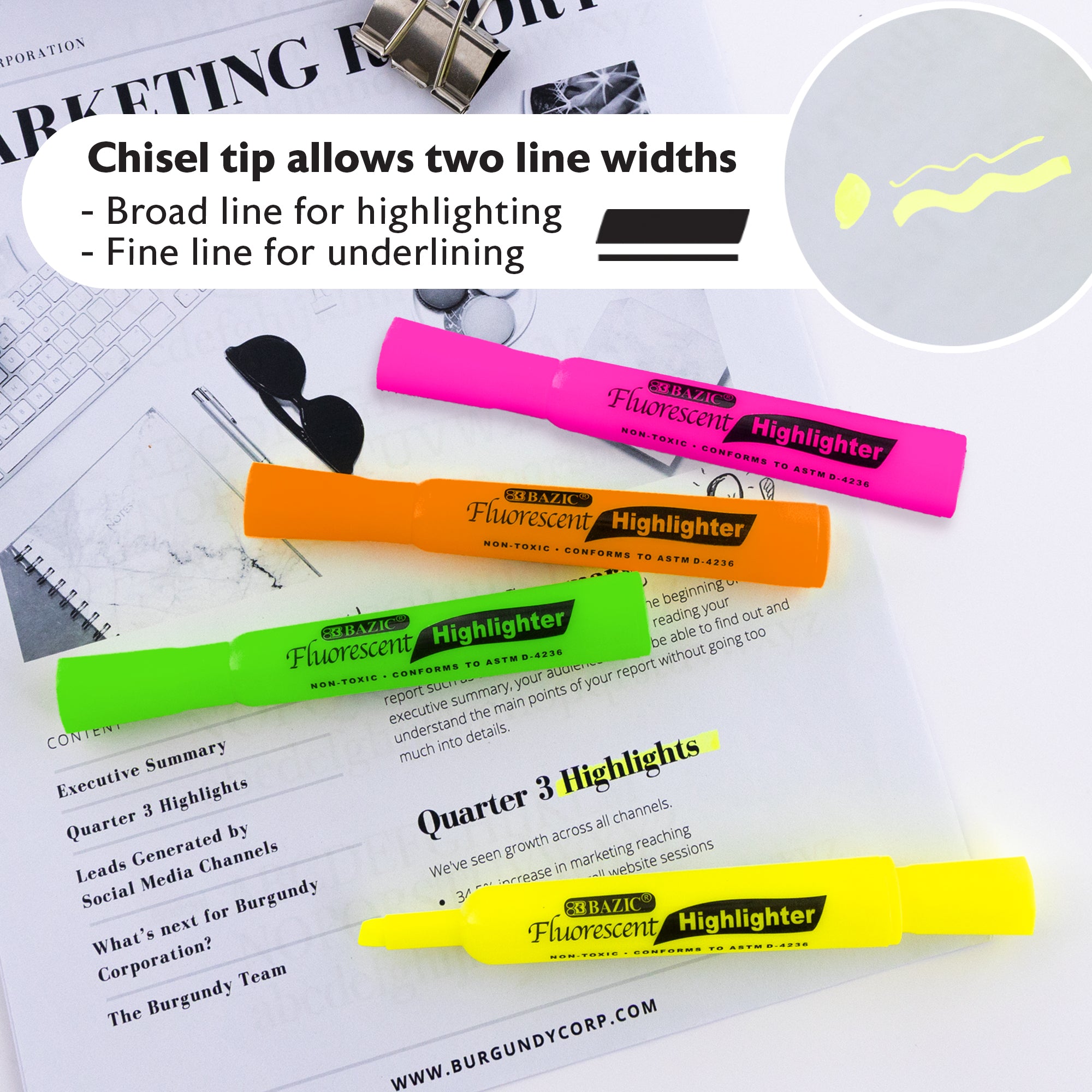 Assorted Fluorescent Highlighters, Desk-Style, 4-Count