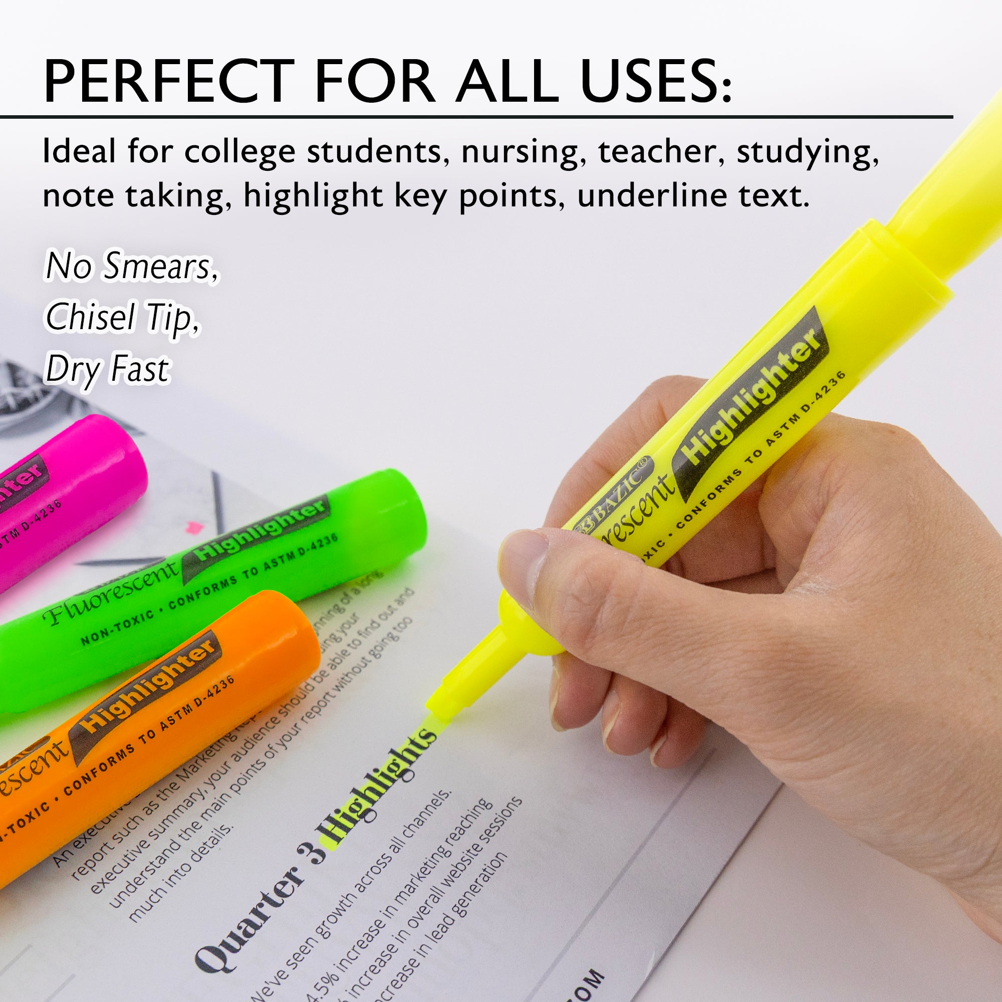 Assorted Fluorescent Highlighters, Desk-Style, 4-Count