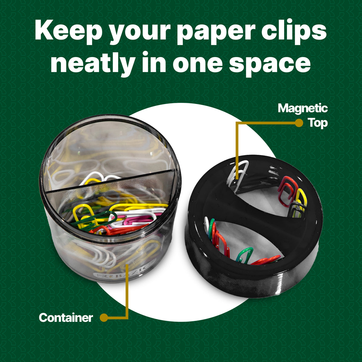 Keep your paper clips neatly in one space: clear container with multicolored clips and a removable black magnetic top.
