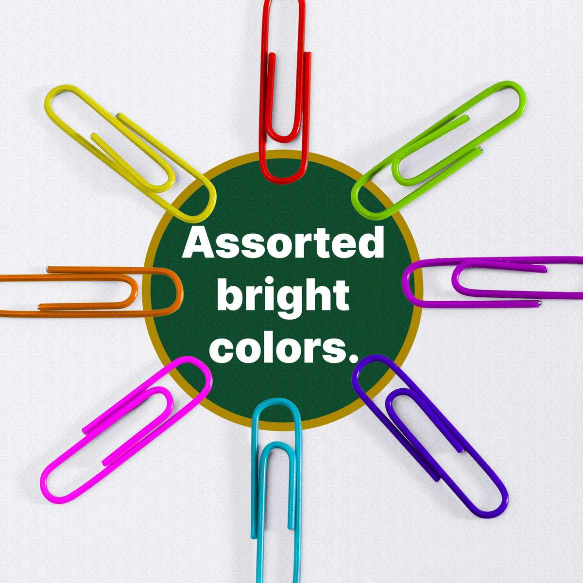 Assorted bright colors: paper clips in red, yellow, green, orange, pink, turquoise and two shades of purple.