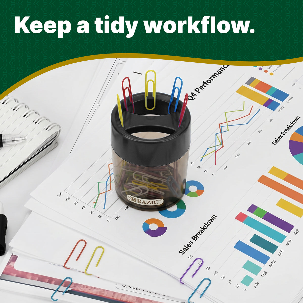 Keep a tidy workflow. Black-topped magnetic holder with colorful paper clips sits on printed charts.