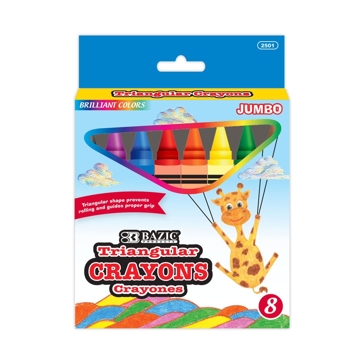 BAZIC Jumbo Triangle Crayons, 8 Colors, Non-Toxic