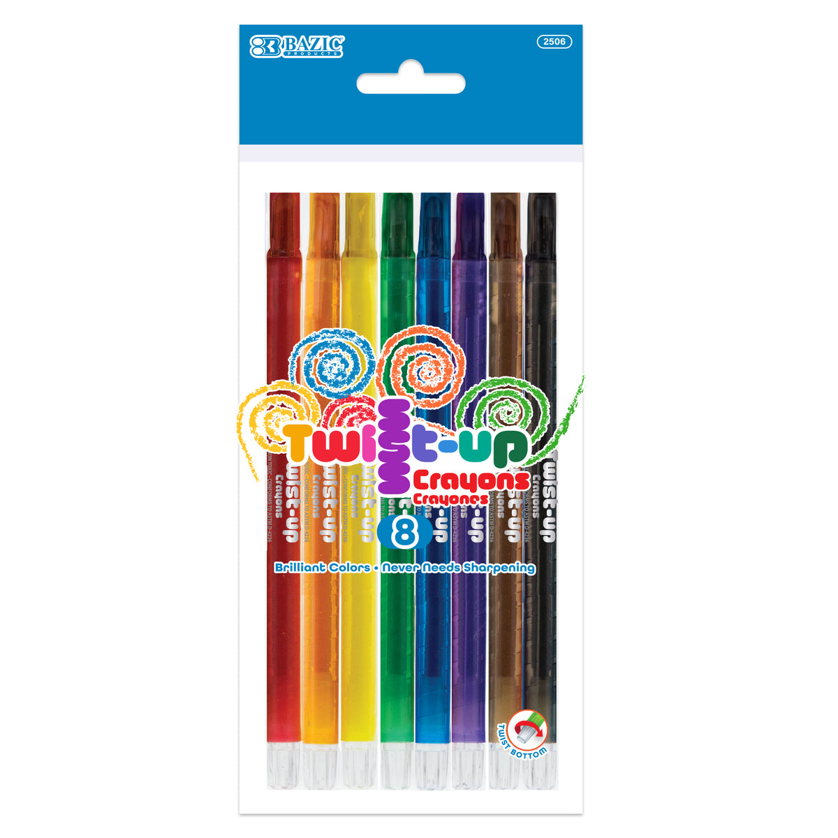 BAZIC Twist-Up Crayons, 8 Colors, No Sharpening