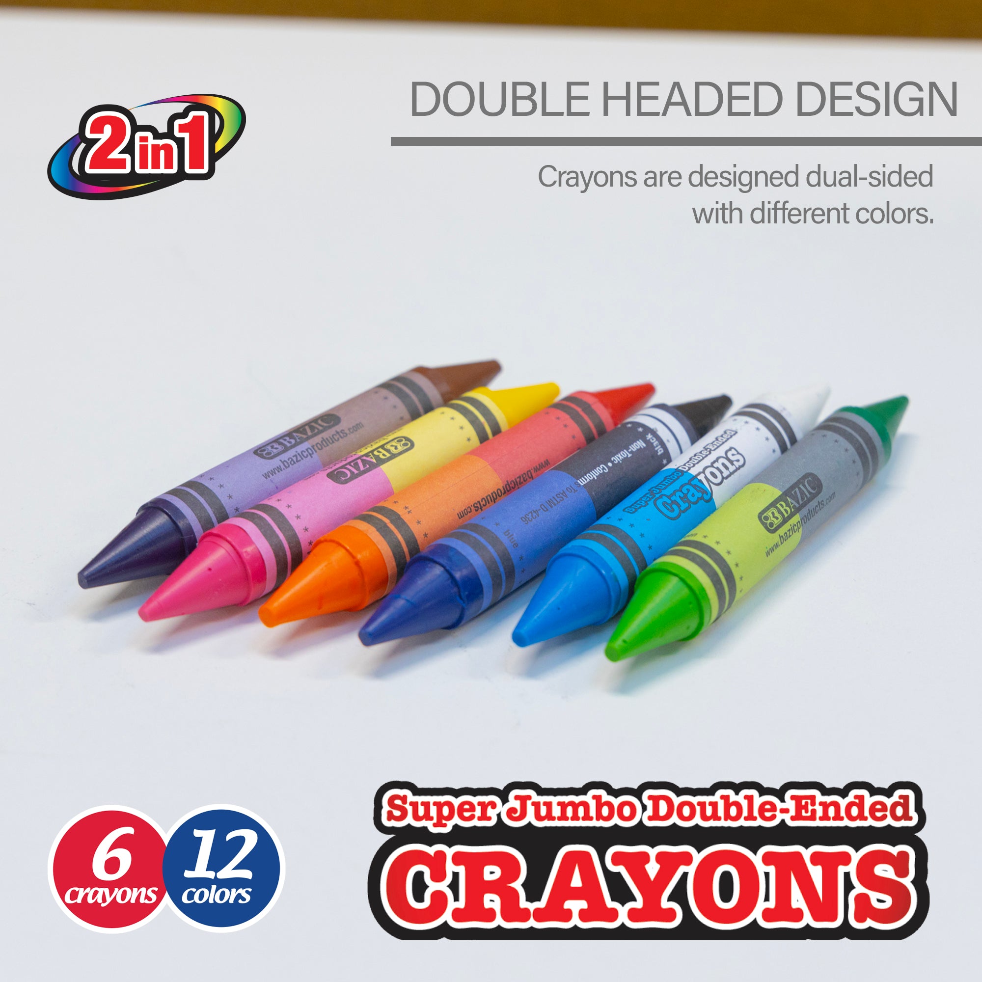Double-Ended Super Jumbo Crayons, 12 Colors, Non-Toxic – BAZIC Store