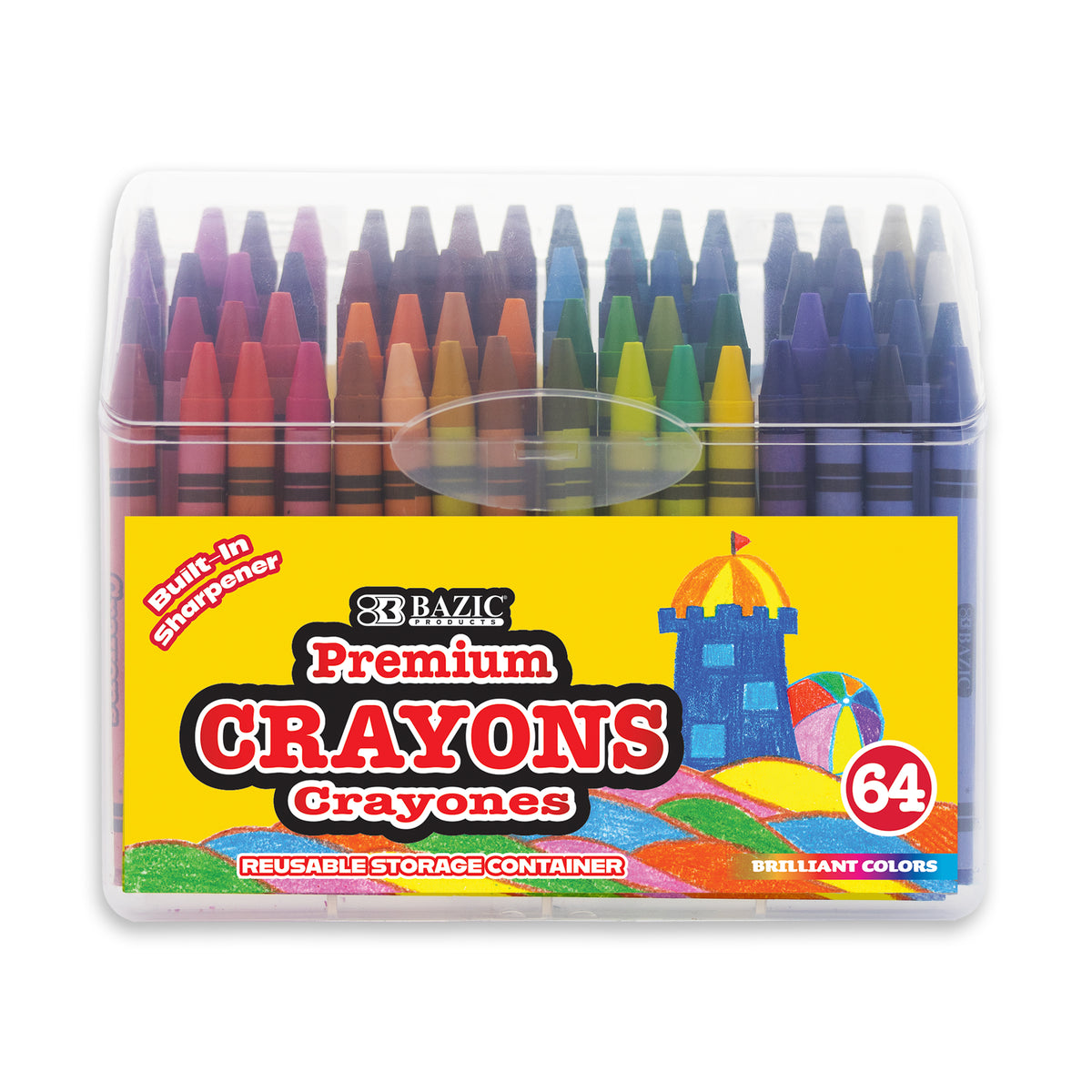BAZIC Premium Crayons, Plastic Box, Sharpener, Non-Toxic