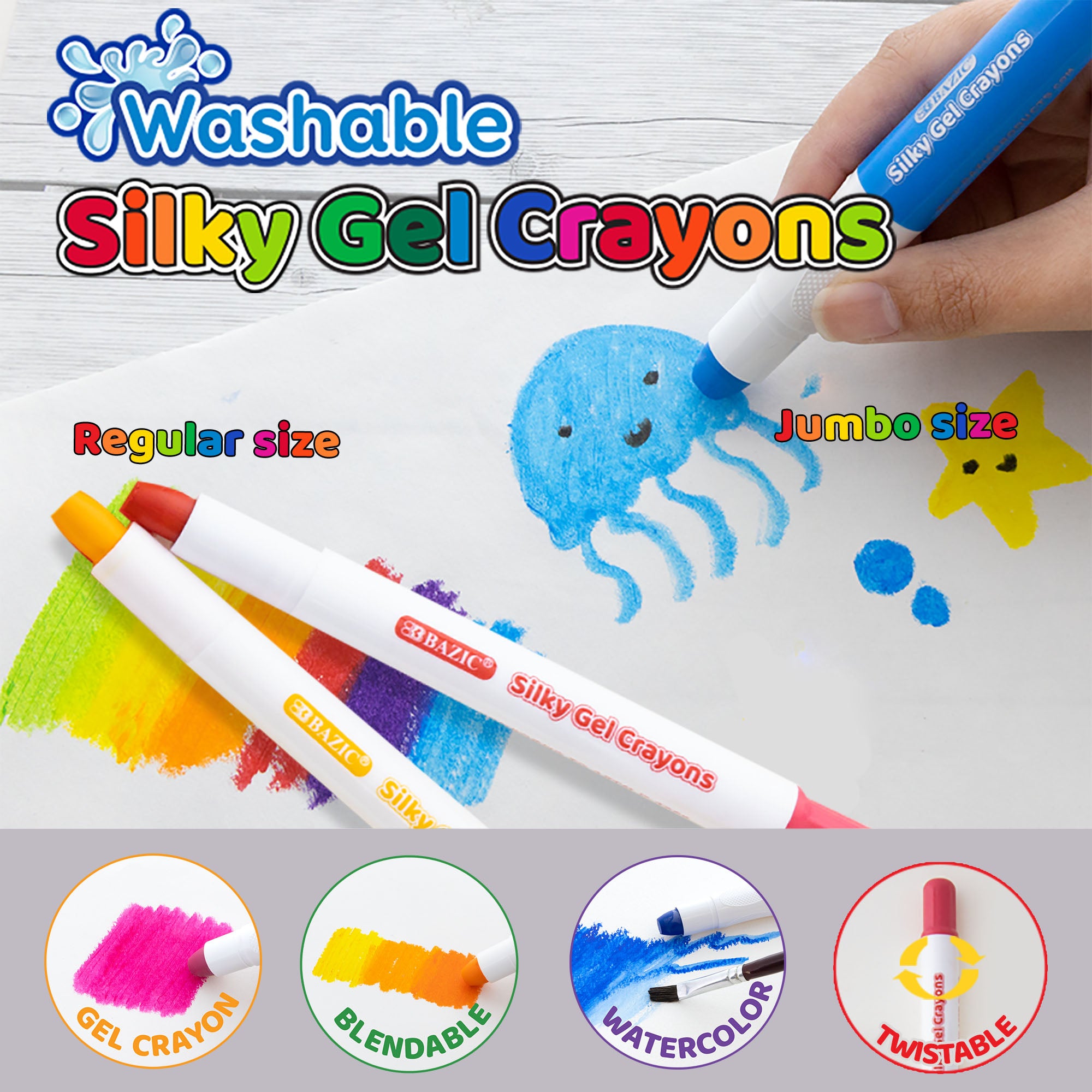 Silky Gel Crayons, 12 Colors, Washable