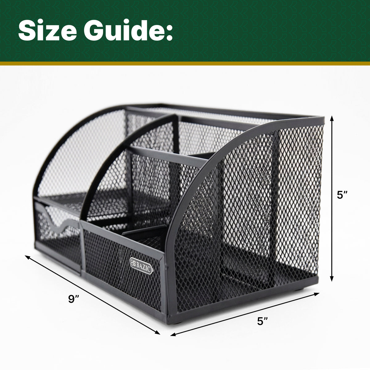 Size guide: Black mesh organizer with compartments and drawer measures 9 inches by 5 inches at the base and 5 inches tall.