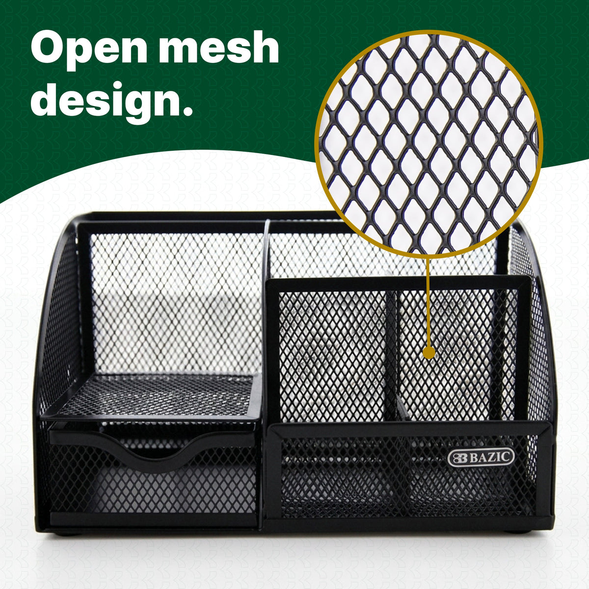 Open mesh design highlighted with a magnified close-up of the black organizer, showing compartments and a drawer.