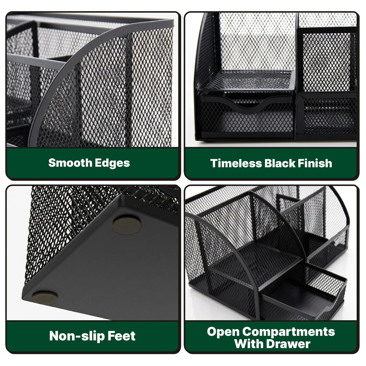 Mesh organizer close-ups: smooth edges, timeless black finish, non-slip feet, and open compartments with drawer.