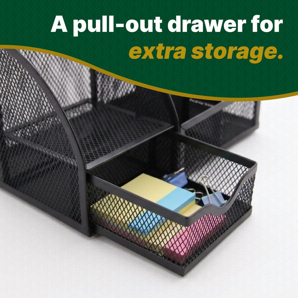Black mesh organizer with an open drawer holding sticky notes and binder clips. A pull-out drawer for extra storage.