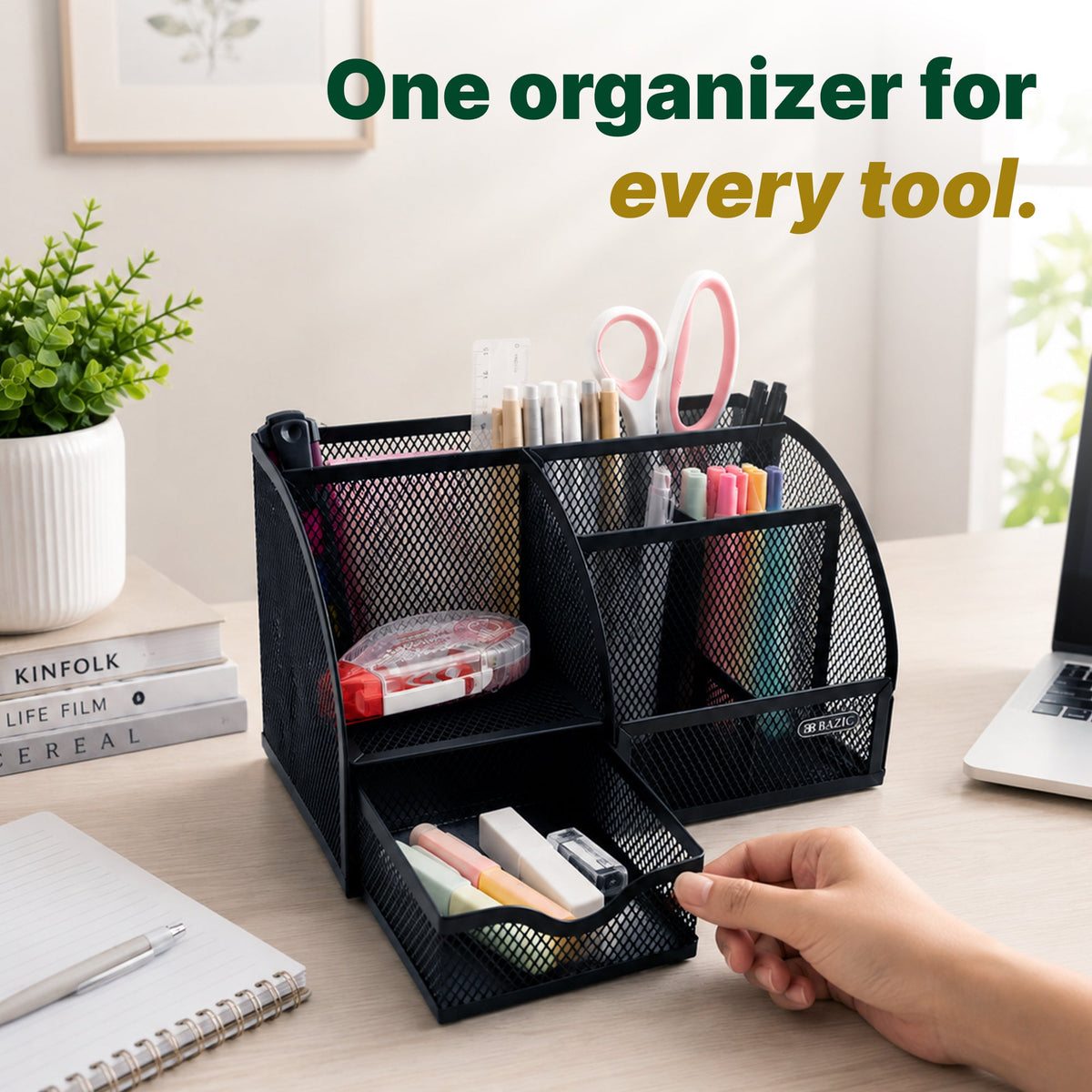 One organizer for every tool. Black mesh compartments hold stationery as a hand opens the supply-filled drawer.