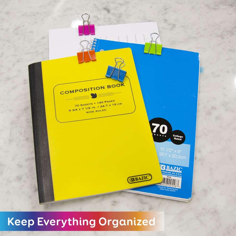 Pink, orange, blue and green binder clips hold notebooks and papers. Keep everything organized.
