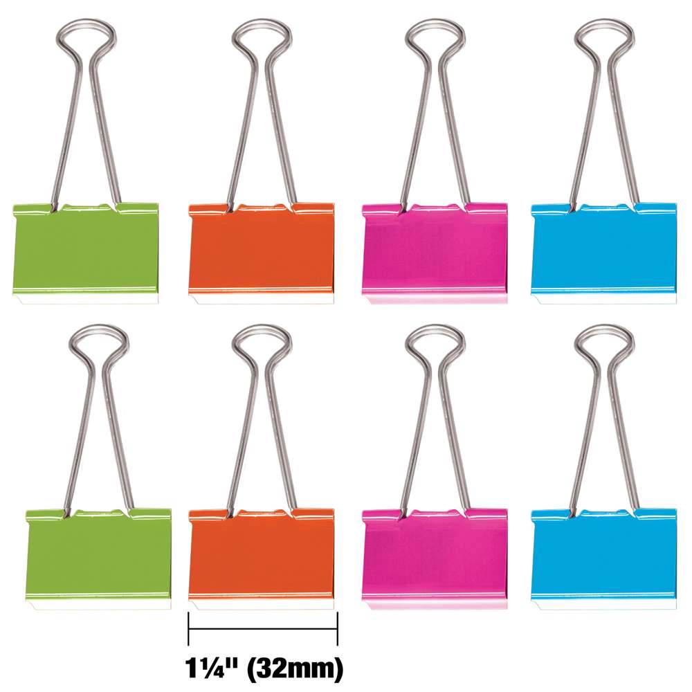Eight binder clips, two each in green, orange, pink and blue, with silver handles; width marked 1¼ inches (32 mm).