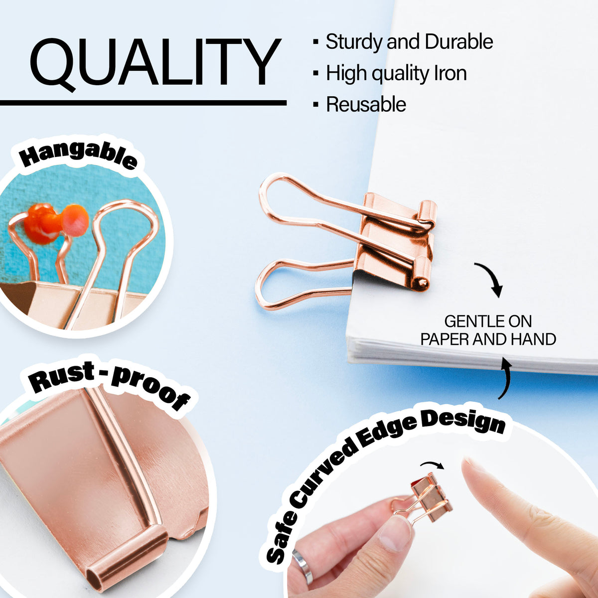 Rose gold clip: sturdy, durable, quality iron, reusable, hangable, rust-proof; safe curved edges gentle on paper and hands.