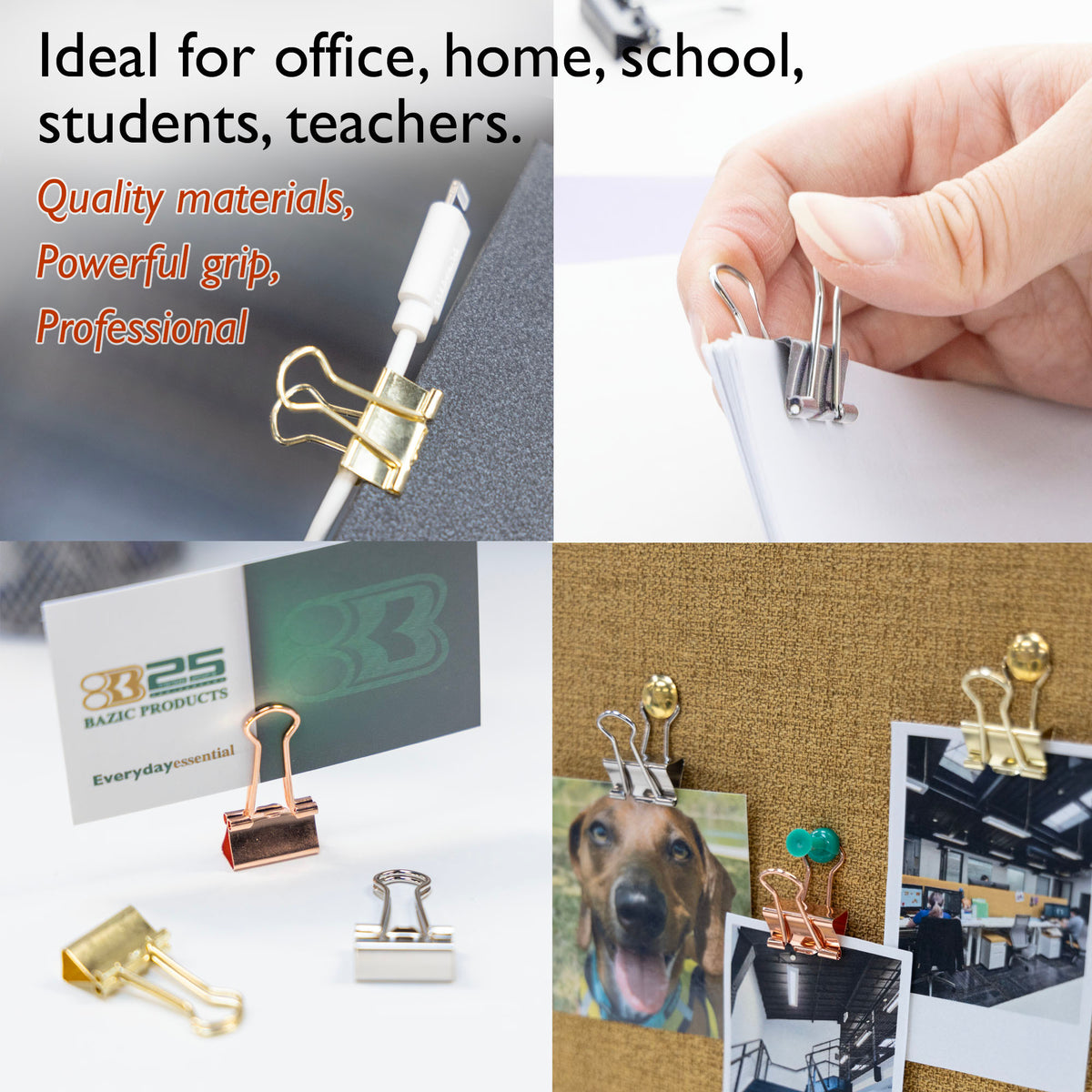 Metallic clips: quality materials, powerful grip, professional; ideal for office, home, school, students and teachers.