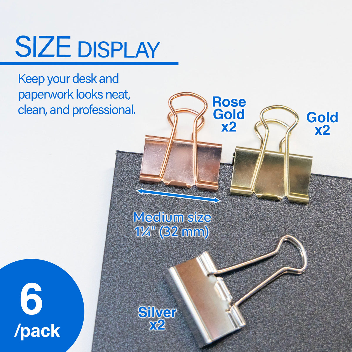 Medium Metallic Binder Clips, Assorted Color, 1-1/4 in