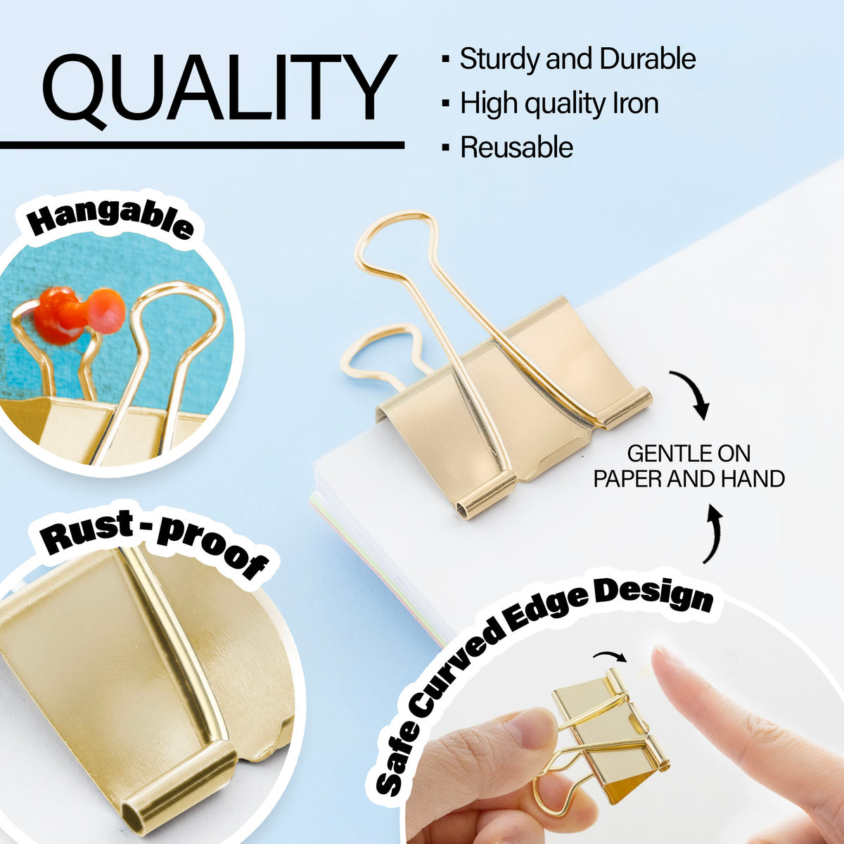 Gold iron binder clip: sturdy, durable, reusable, hangable, rust-proof; safe curved edges gentle on paper and hands.