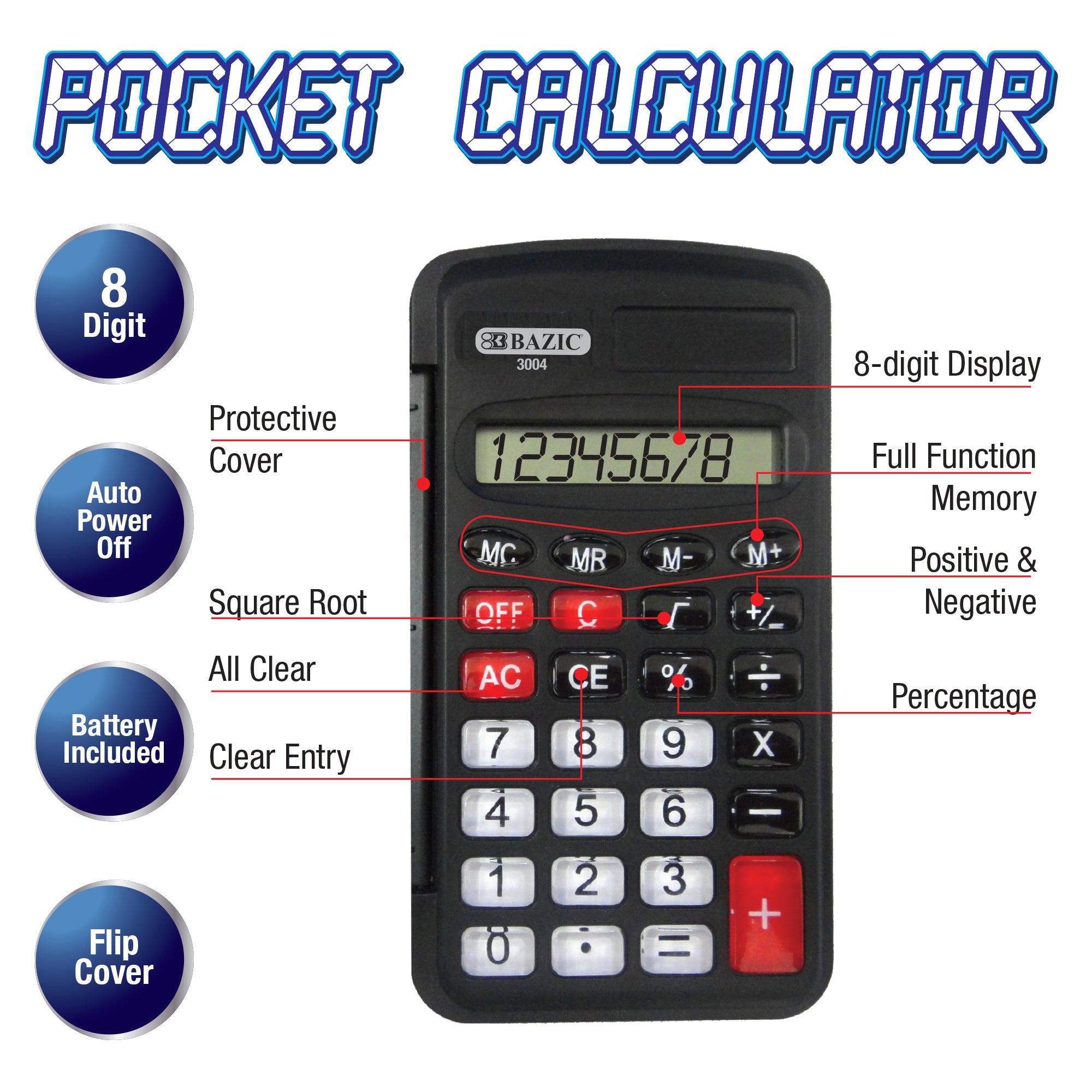 Pocket Calculator, 8-Digit, Flip Cover, Battery Included