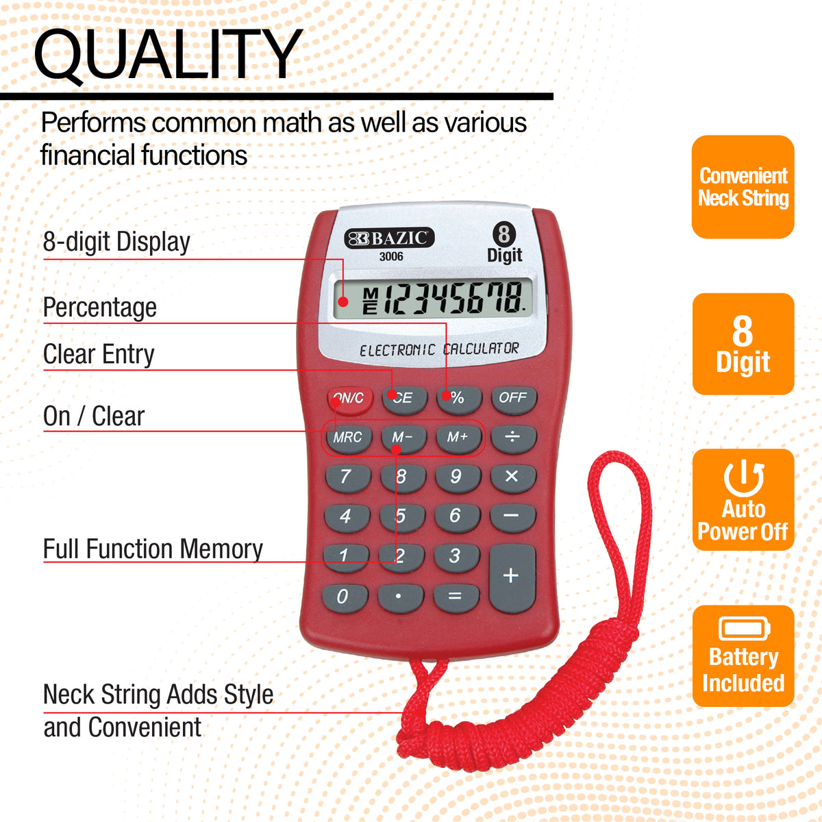 8-Digit Pocket Calculator with Neck String