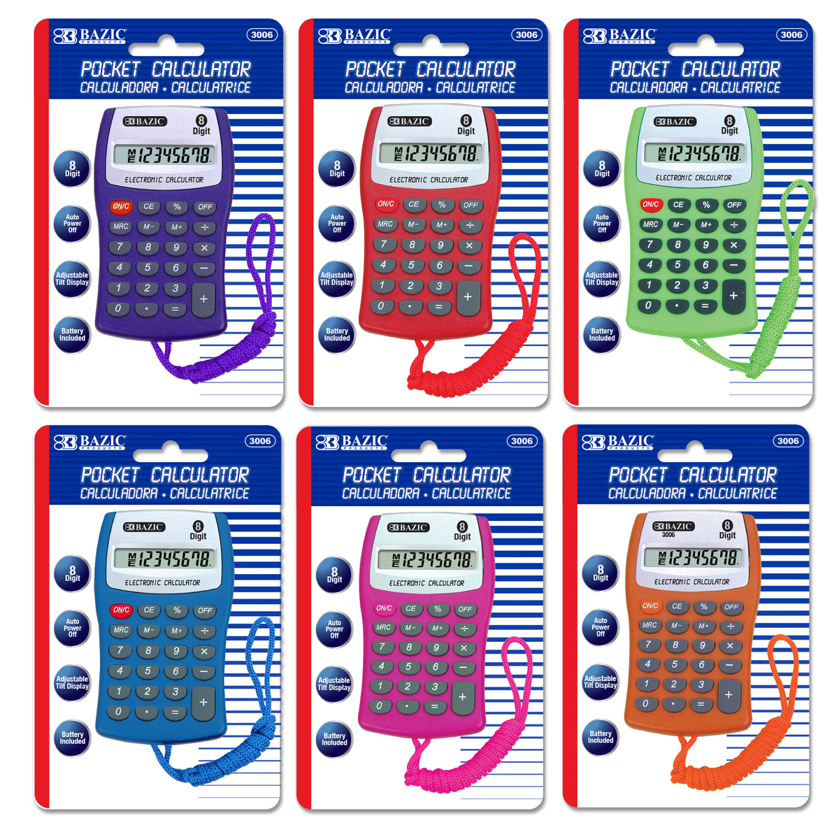 BAZIC 8-Digit Pocket Calculator with Neck String