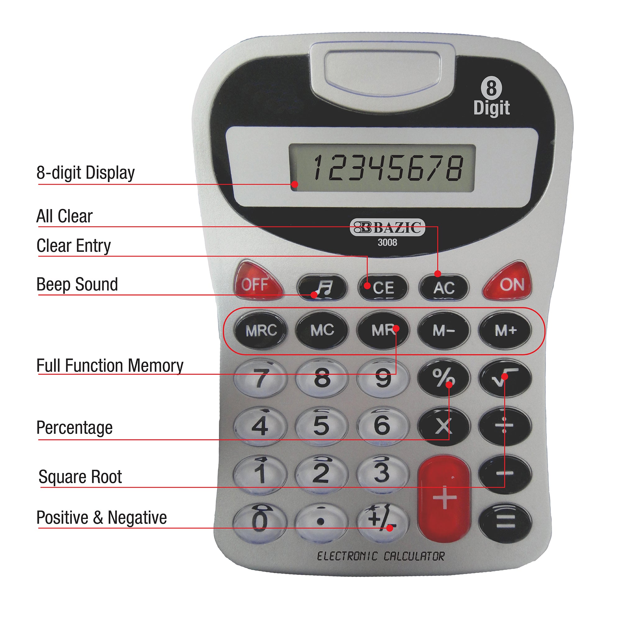 8-Digit Silver Desktop Calculator with Key Tone