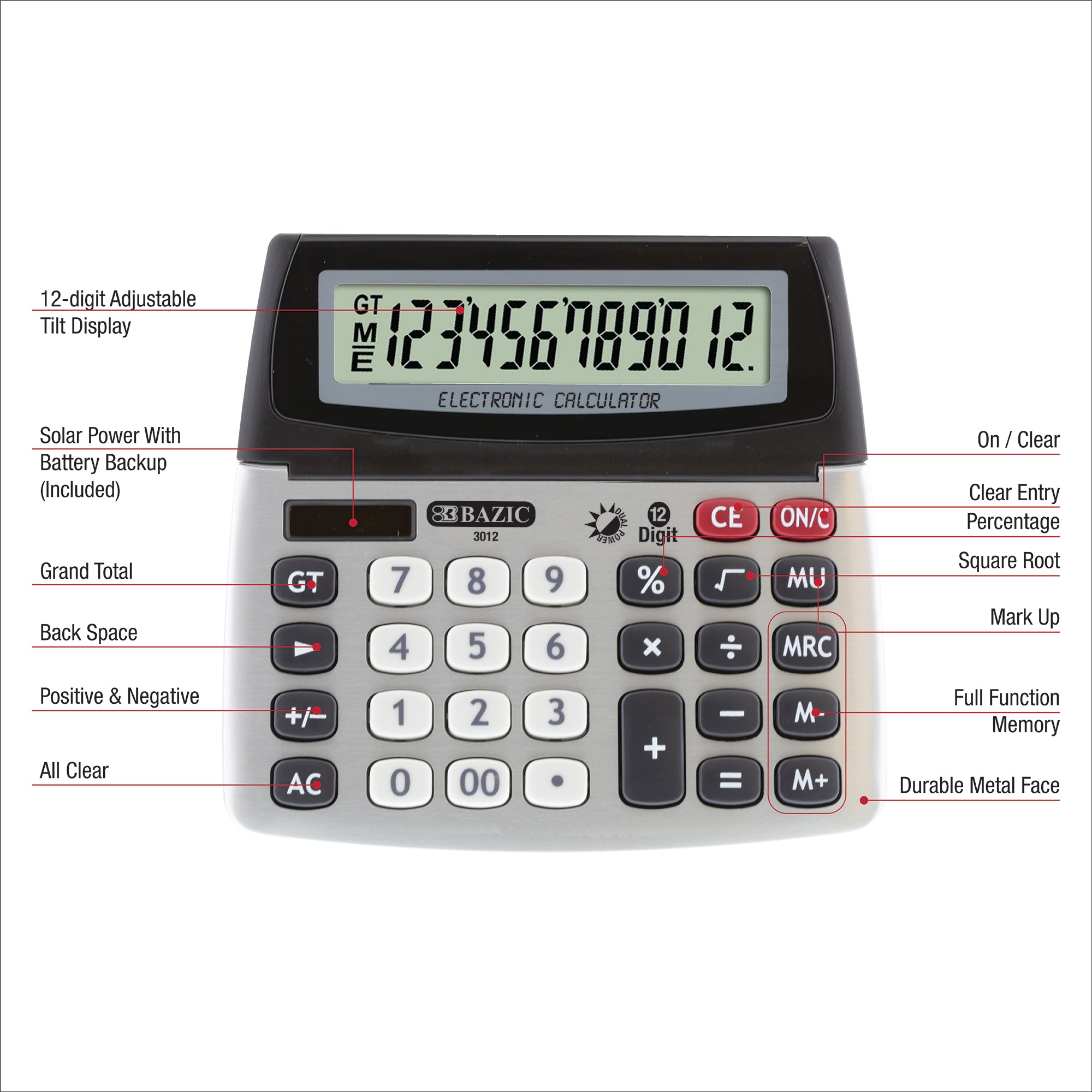 12-Digit Dual Power Desktop Calculator, Tilt Display