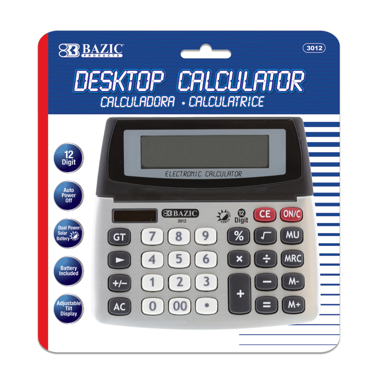 BAZIC 12-Digit Dual Power Desktop Calculator, Tilt Display
