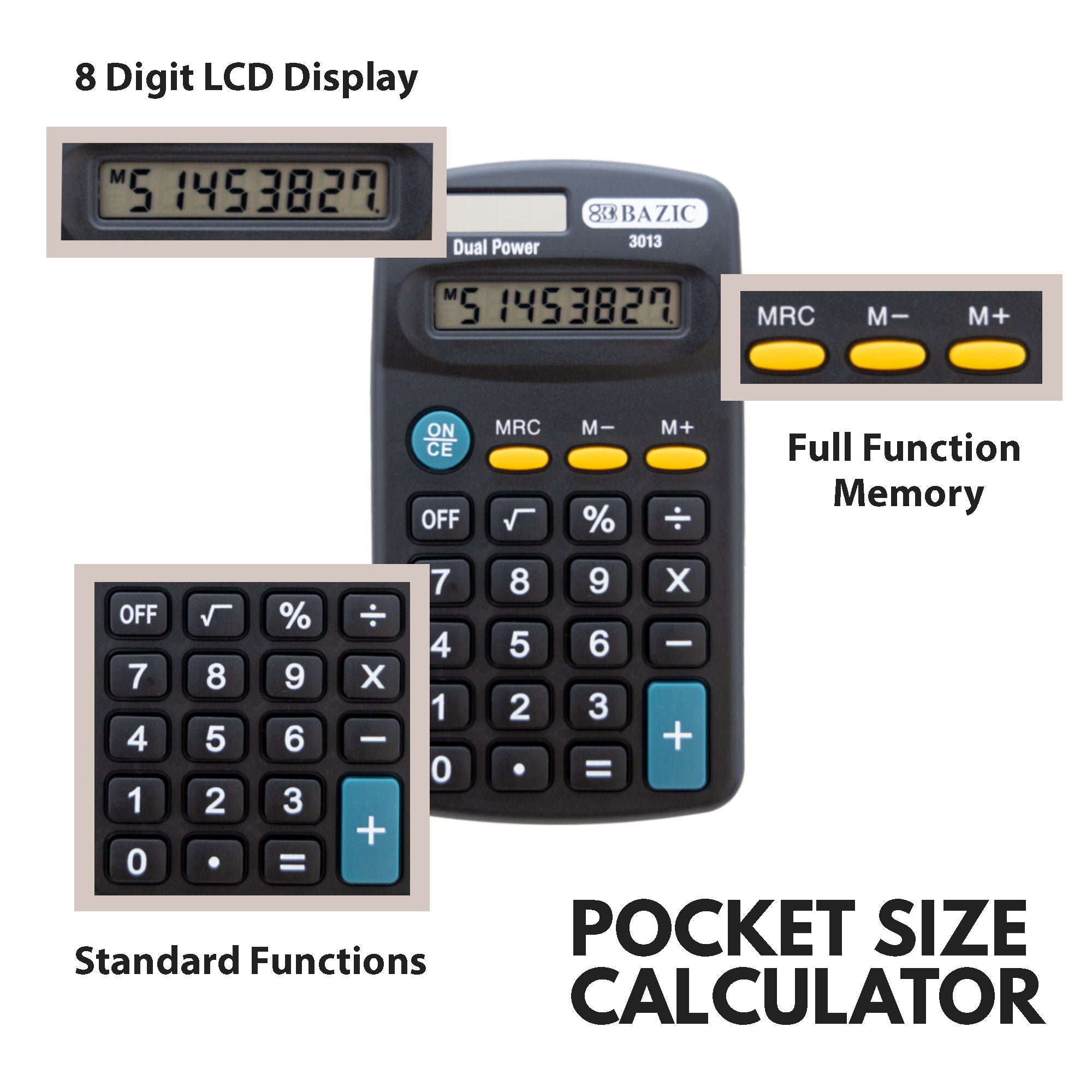8-Digit Dual Power Pocket Size Calculator - BLACK