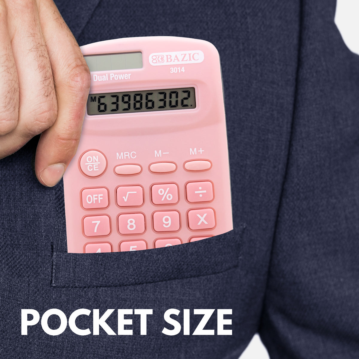 Pocket size: a person slips a pink calculator into a navy jacket pocket.