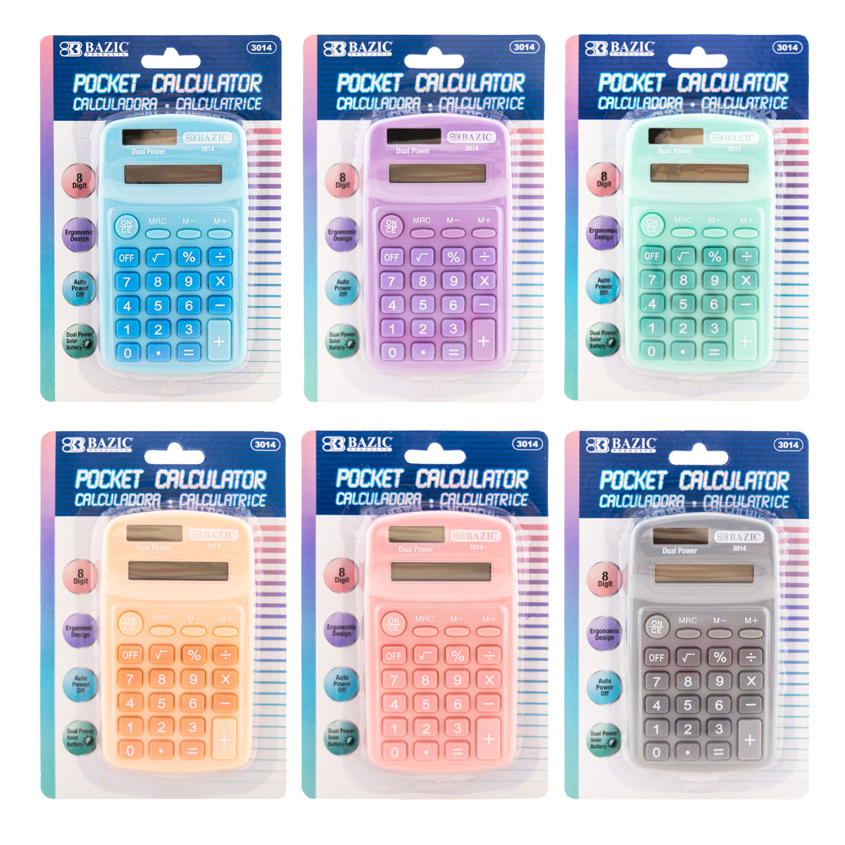 BAZIC 8-Digit Dual Power Pocket Calculator, Pastel Colors