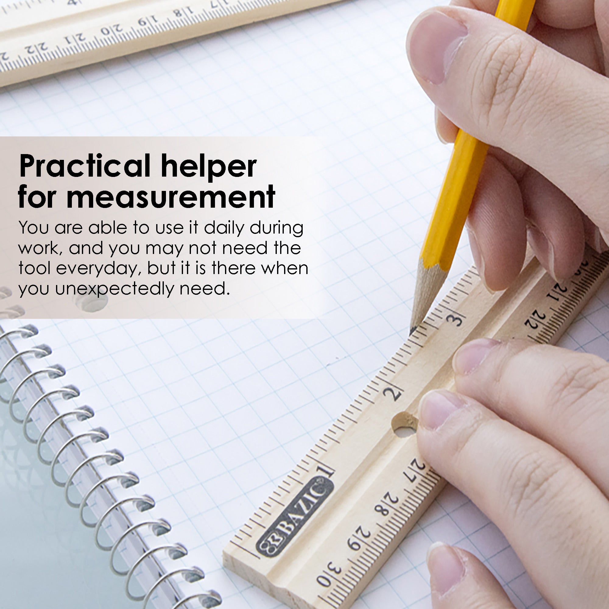 12 in Wooden Ruler, Metal Edge, Inch & Metric