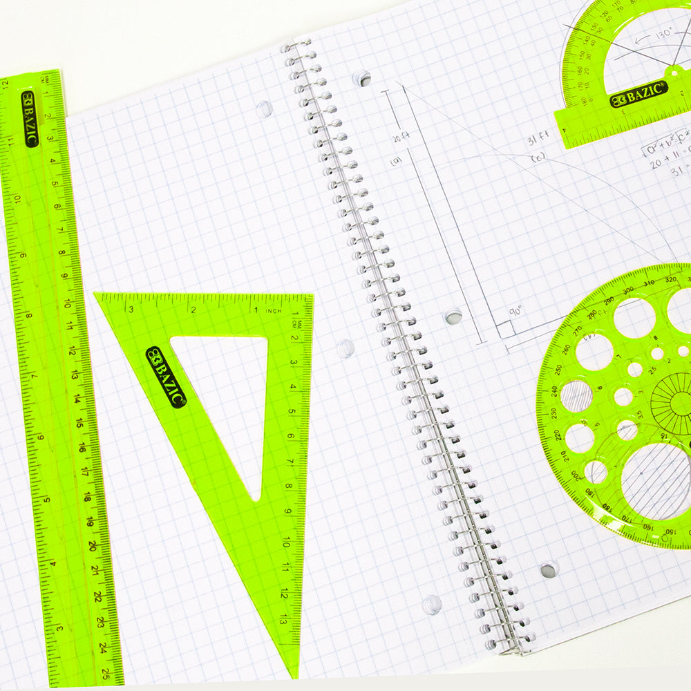 5-Piece Geometry Set, Ruler, Triangles, Protractor, Template