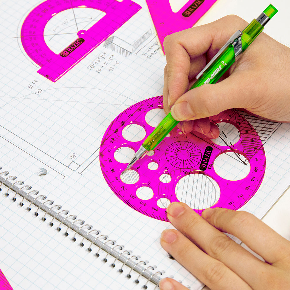 5-Piece Geometry Set, Ruler, Triangles, Protractor, Template